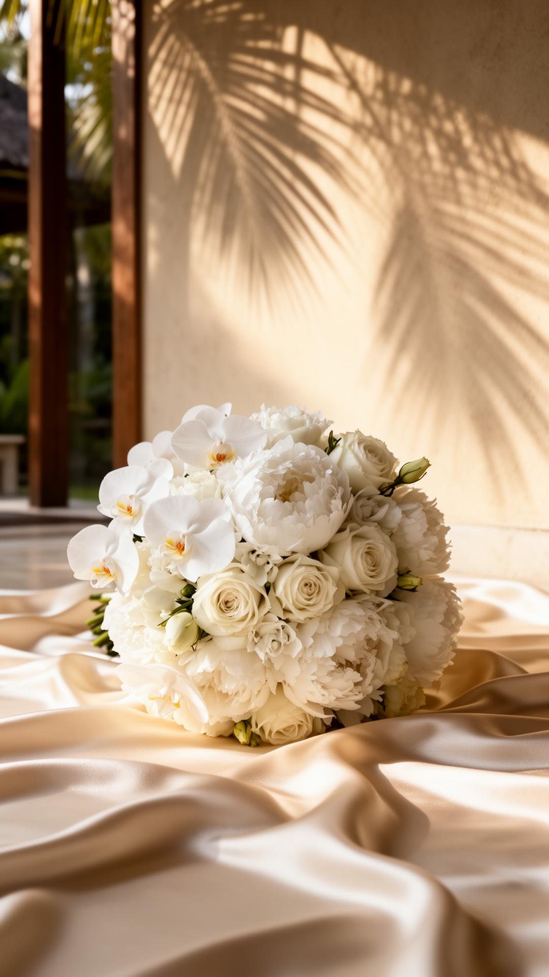 Luxury white bridal bouquet of orchids and peonies in a sunlit Bali villa